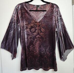 Susan Lawrence Velvet Rhinestone Purple Blouse Flare Sleeves Size Large